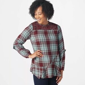 LOGO Lavish Plaid Lace Trim Tunic Ruffle Hem Top Size Large Burgundy and Blue